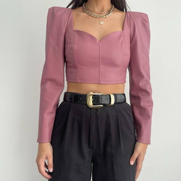 Zara Pink Faux Leather Puff Sleeve Crop Top in Marsala Pink - Picture 1 of 8